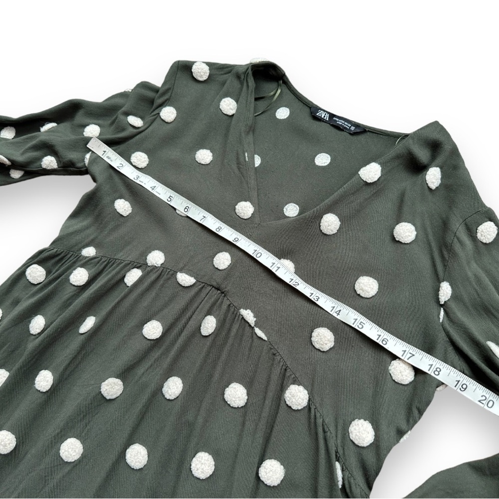 Zara Khaki Green Embroidered Polka Dot Long Sleeve Baby-Doll Dress | Medium - Picture 12 of 14